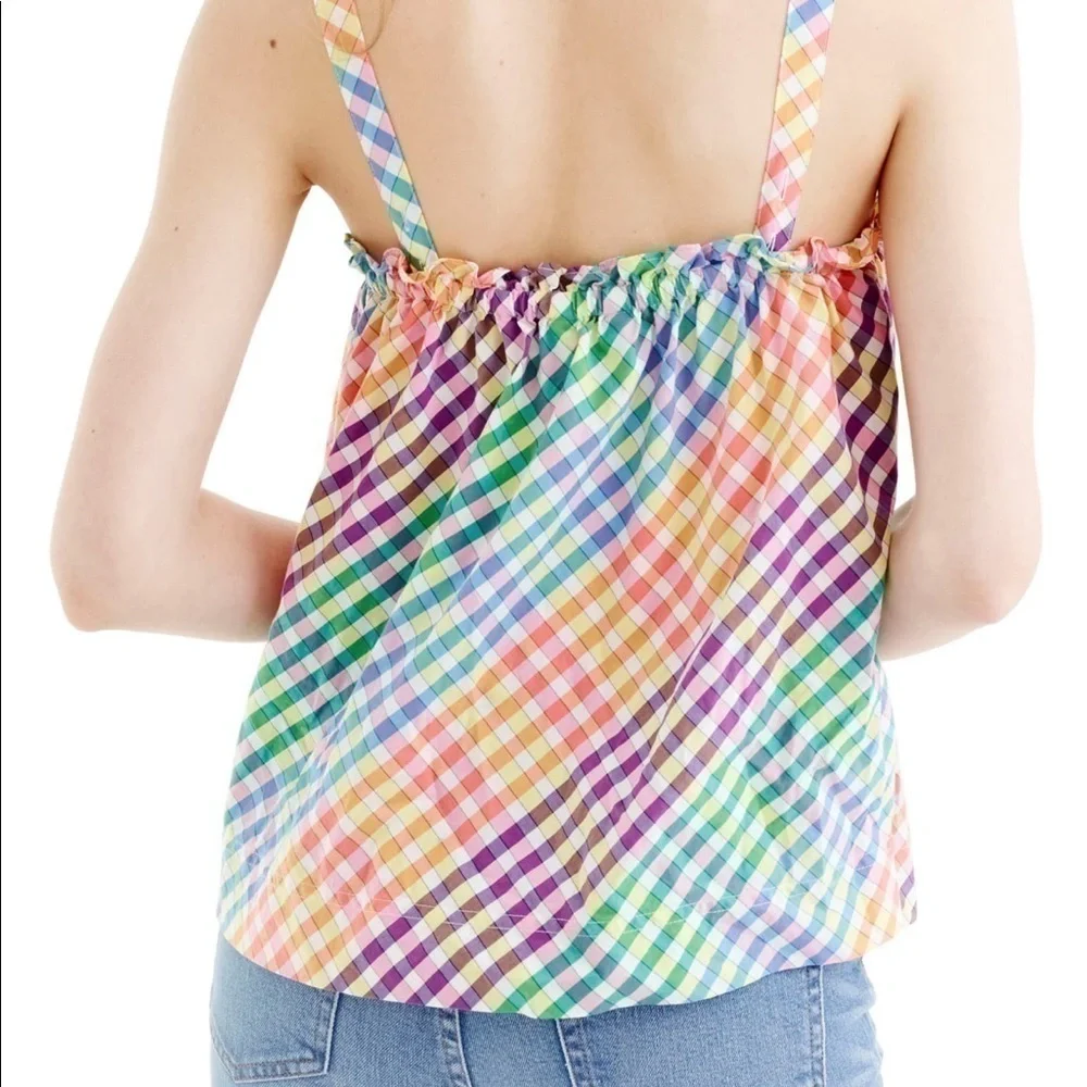 J. Crew Rainbow Gingham Button Front Ruffle Top 4